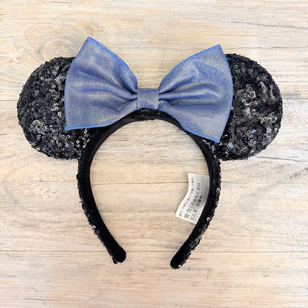 Disney Parks Minnie Mouse Sequin Ears Headband Black Sparkle Blue Bow Shimmer